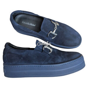 Gabriella Michel Suede Leather Slip On Horsebit Platform Loafer Sneaker Navy 39